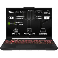 Ноутбук Asus TUF A16 FA607NUG-RL197 16" WUXGA, IPS, Ryzen 7 7445HX, 16 ГБ, SSD 512 ГБ, RTX 4050 6 ГБ, Free DOS, темно-сірий